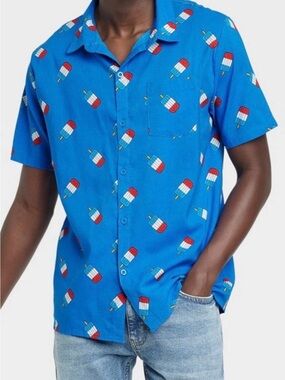 Isaac Morris Blue Short Sleeve Button-Down Shirt Whimsical Popsicle Print Size M